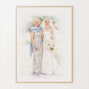 May include: Watercolor portrait of a bride in a strapless white wedding dress and veil, holding a bouquet of white flowers, standing next to a woman in a blue floral dress and shawl. The portrait is framed in a light wood frame.