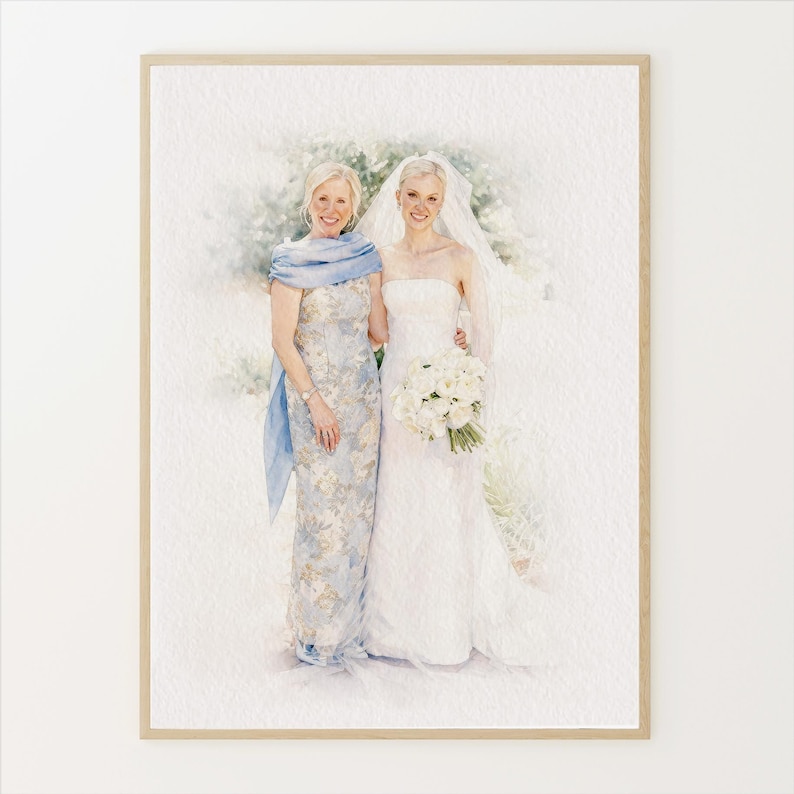 May include: Watercolor portrait of a bride in a strapless white wedding dress and veil, holding a bouquet of white flowers, standing next to a woman in a blue floral dress and shawl. The portrait is framed in a light wood frame.