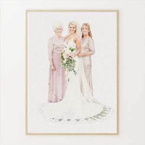 May include: Watercolour portrait of three women, possibly a bride with her mother and grandmother. The bride wears a white wedding dress and veil, holding a bouquet. The other women wear formal gowns in shades of pink and gold.