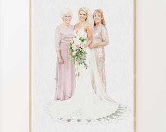 Custom Bride and Mother Portrait, Mother and Daughter Watercolor Drawing, Mother of Bride wedding gift,Bride Mom Grandmother Portrait
