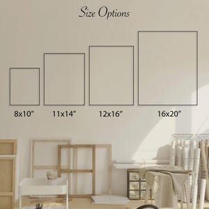 May include: Image showing four blank canvas sizes: 8x10 inches, 11x14 inches, 12x16 inches, and 16x20 inches. The text "Size Options" is at the top. The canvases are displayed against a neutral wall, with art supplies and a cart in the background.