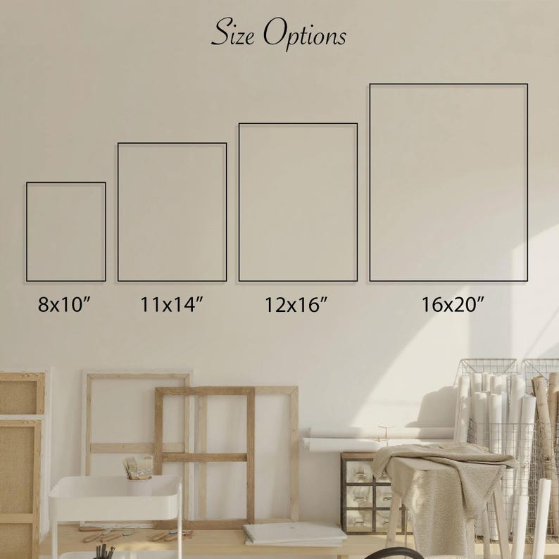 May include: Image showing four blank canvas sizes: 8x10 inches, 11x14 inches, 12x16 inches, and 16x20 inches. The text "Size Options" is at the top. The canvases are displayed against a neutral wall, with art supplies and a cart in the background.
