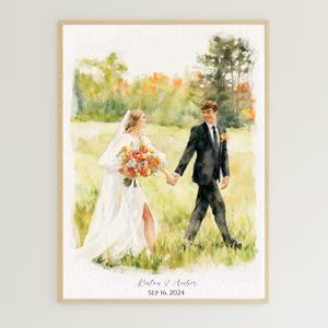 May include: Watercolor painting of a wedding couple walking in a field. The bride wears a white dress and veil, holding a colorful bouquet. The groom is in a black suit. The text reads "Kenton & Amber SEP 16. 2024."
