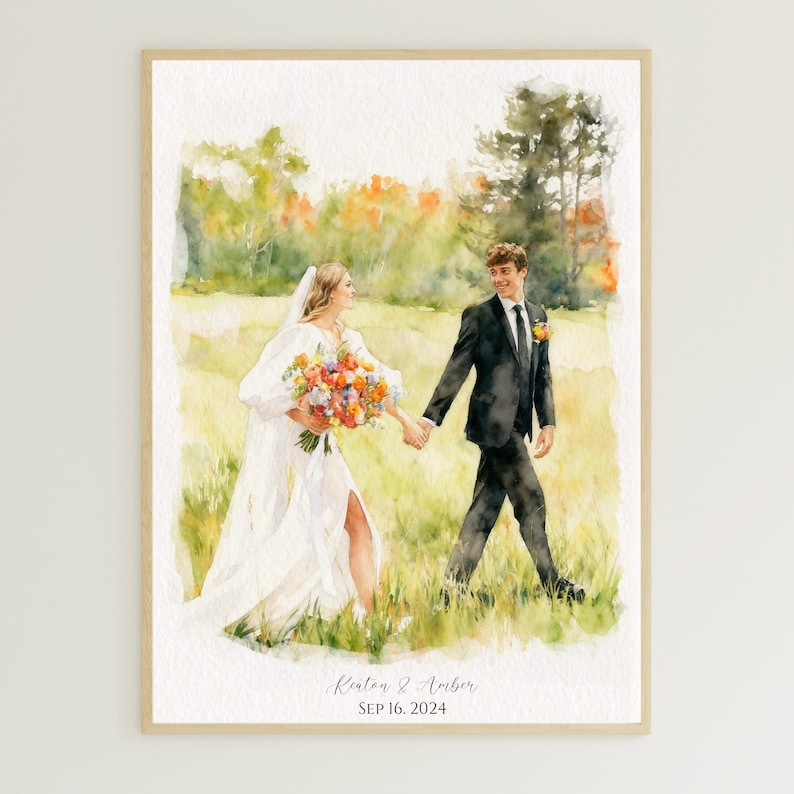 May include: Watercolor painting of a wedding couple walking in a field. The bride wears a white dress and veil, holding a colorful bouquet. The groom is in a black suit. The text reads "Kenton & Amber SEP 16. 2024."