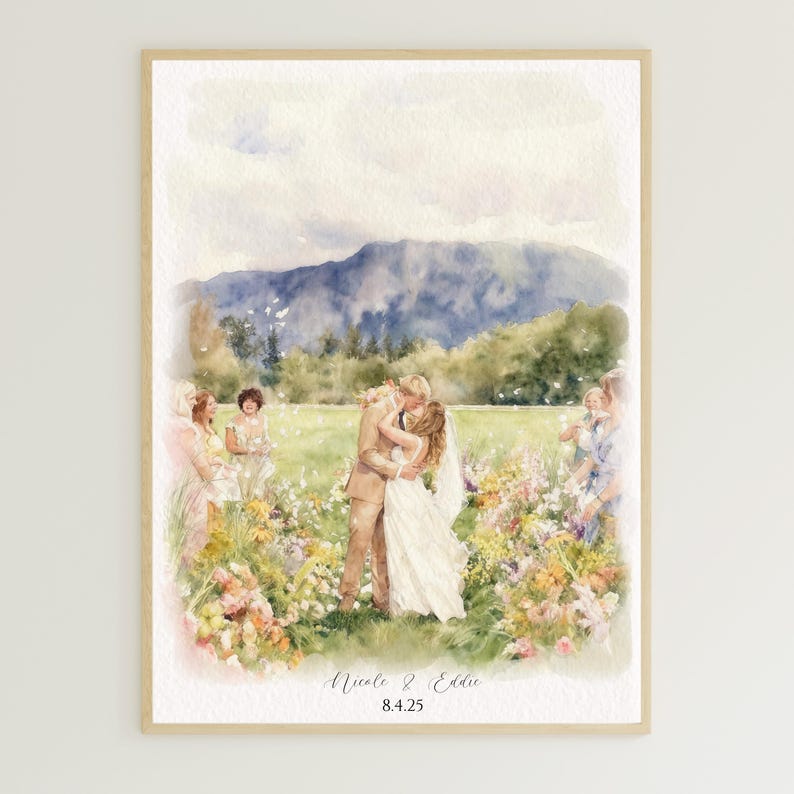 May include: Watercolor painting of a wedding ceremony. A couple embraces in a field of flowers, with a mountain backdrop. The painting includes the names "Nicole & Eddie" and the date "8.4.25" at the bottom.