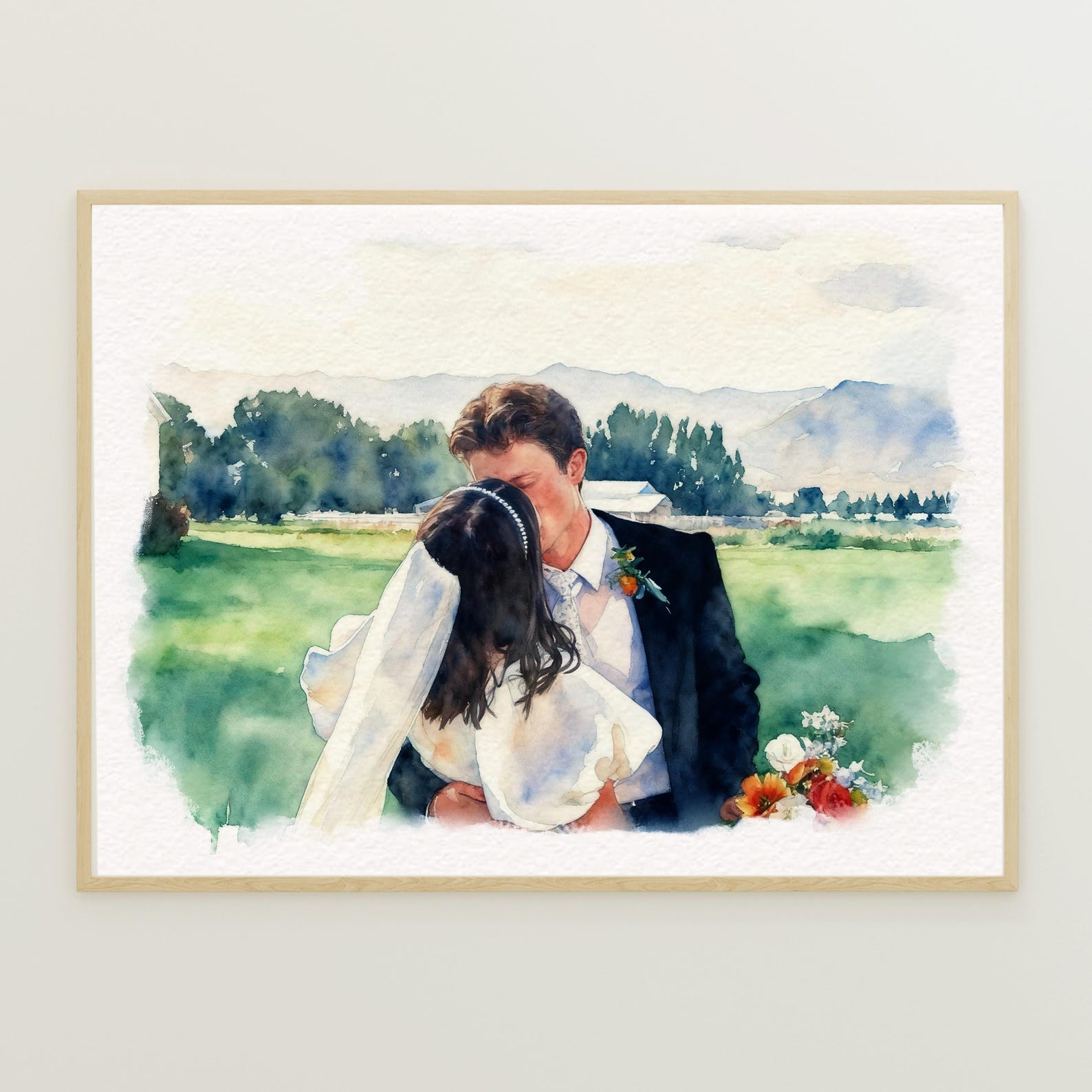 Custom Hand-Drawn Watercolor Portrait From Photot - 2 & Background, 11x14Walnut Frame