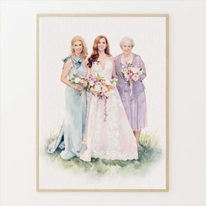 May include: Watercolor painting of three women in formal attire. The bride wears a white lace gown and holds a bouquet. A woman in a light blue gown and another in a lavender dress also hold bouquets. The artwork is set against a soft, neutral background.
