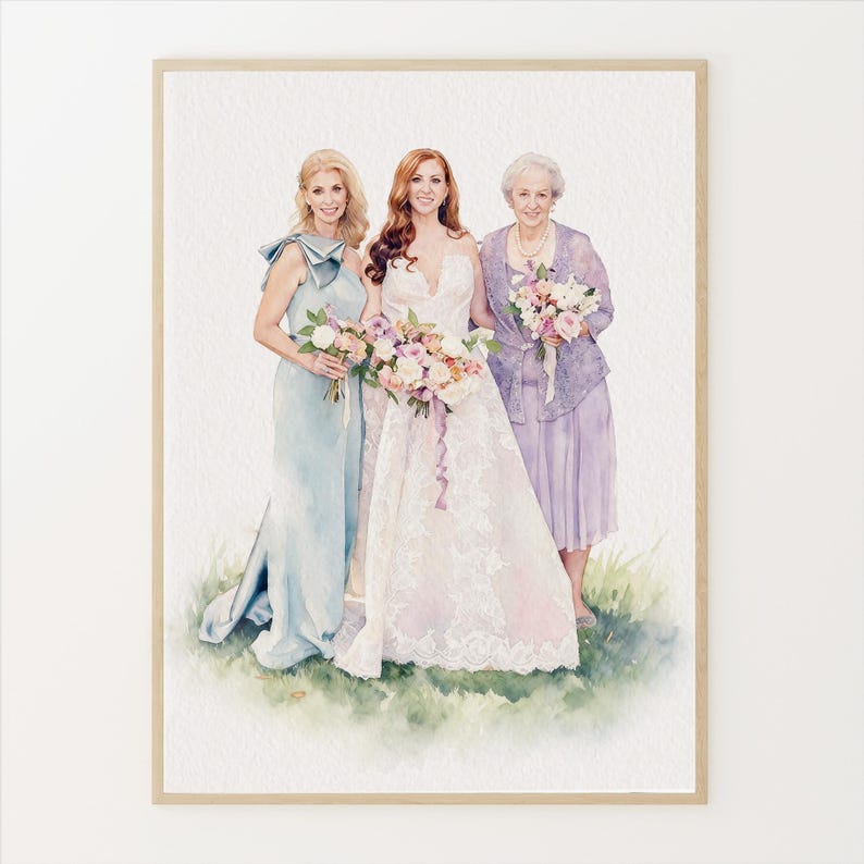 May include: Watercolor painting of three women in formal attire. The bride wears a white lace gown and holds a bouquet. A woman in a light blue gown and another in a lavender dress also hold bouquets. The artwork is set against a soft, neutral background.
