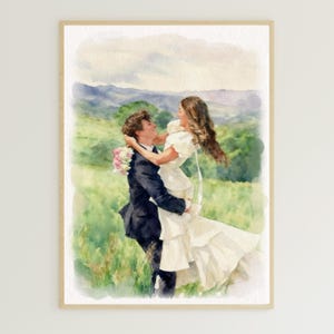 May include: Watercolor painting of a couple embracing in a field. The man wears a black suit, and the woman is in a white dress. A bouquet of flowers is held by the man. The background features a green field and mountains.