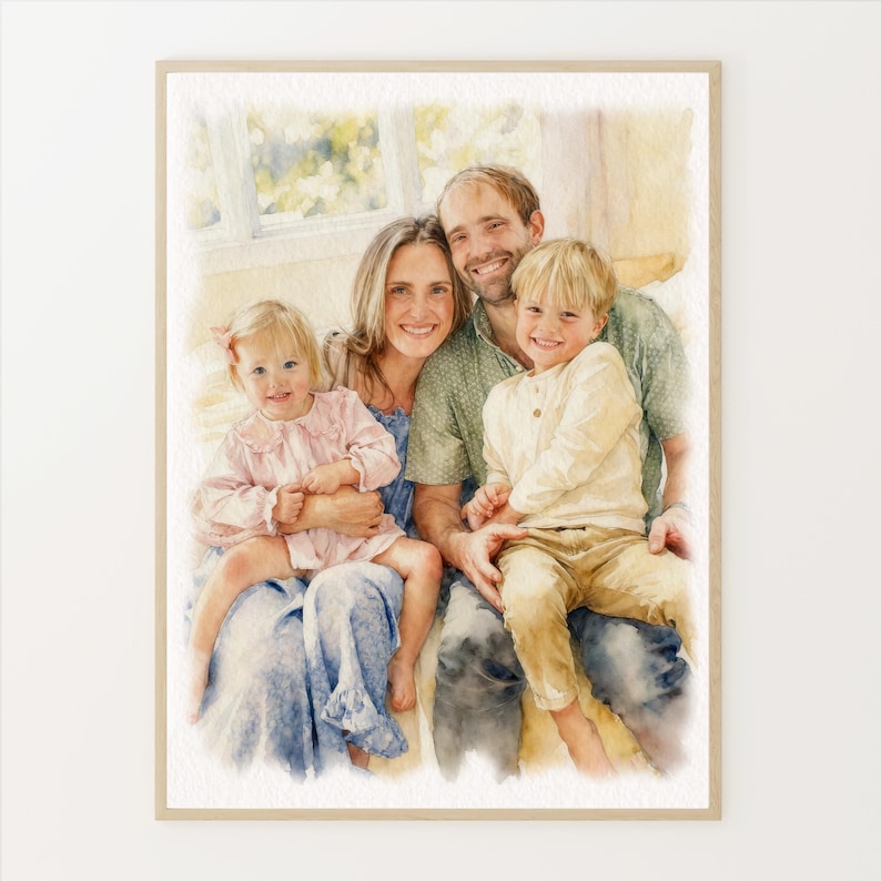 May include: Watercolor portrait of a family of four. The parents are smiling, holding their two children. The children are a toddler and a young boy. The portrait is framed in a light wood frame.