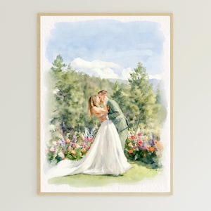 May include: Watercolor painting of a wedding scene. A couple is kissing in a garden setting, surrounded by colorful flowers and greenery. The bride wears a white wedding dress, and the groom is in a green suit. The artwork is framed in a light wood frame.
