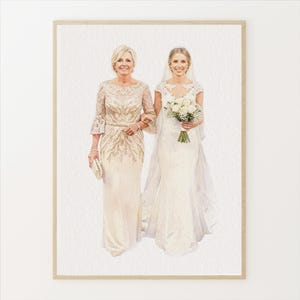 May include: A framed watercolor painting of a bride and her mother. The bride wears a white lace wedding gown and carries a bouquet of white roses. The mother wears a long, embellished, cream-colored gown and holds a small clutch.