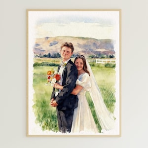 May include: Watercolor painting of a couple on their wedding day. The groom wears a black tuxedo and the bride wears a white dress and veil. The background features a green field, mountains, and a white fence. The groom holds a bouquet.