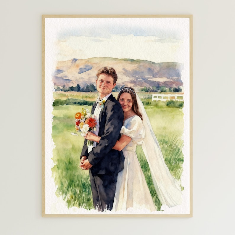 May include: Watercolor painting of a couple on their wedding day. The groom wears a black tuxedo and the bride wears a white dress and veil. The background features a green field, mountains, and a white fence. The groom holds a bouquet.