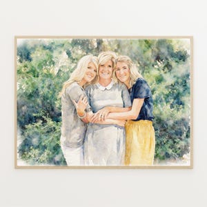 May include: Watercolor print of three women embracing, with a soft, artistic style. The women are blonde, wearing a variety of clothing, including a gray top, a blue top, and a yellow skirt. The background is a blurred green, suggesting foliage.