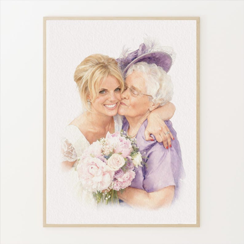 May include: Watercolor painting of a bride and an older woman embracing and kissing. The bride holds a bouquet of pink and white flowers. The older woman wears a purple hat and shirt. The painting is framed in a light wood frame.