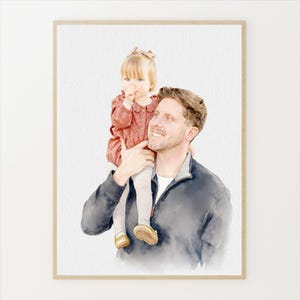 May include: Watercolor portrait of a man with a child on his shoulders. The man wears a navy blue jacket over a white shirt. The child is wearing a red dress, white leggings, and gold shoes. The portrait is framed in a light wood frame.