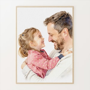 May include: Watercolor portrait of a father and daughter embracing and smiling at each other. The daughter wears a pink jacket with heart-shaped patterns. The father is wearing a white sweater. The artwork is framed in a light wood frame.