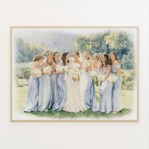 May include: Watercolor painting of a bride and bridesmaids in light blue dresses, holding white bouquets. The bride wears a white gown. The group stands on a grassy hill with a scenic background of trees and mountains.