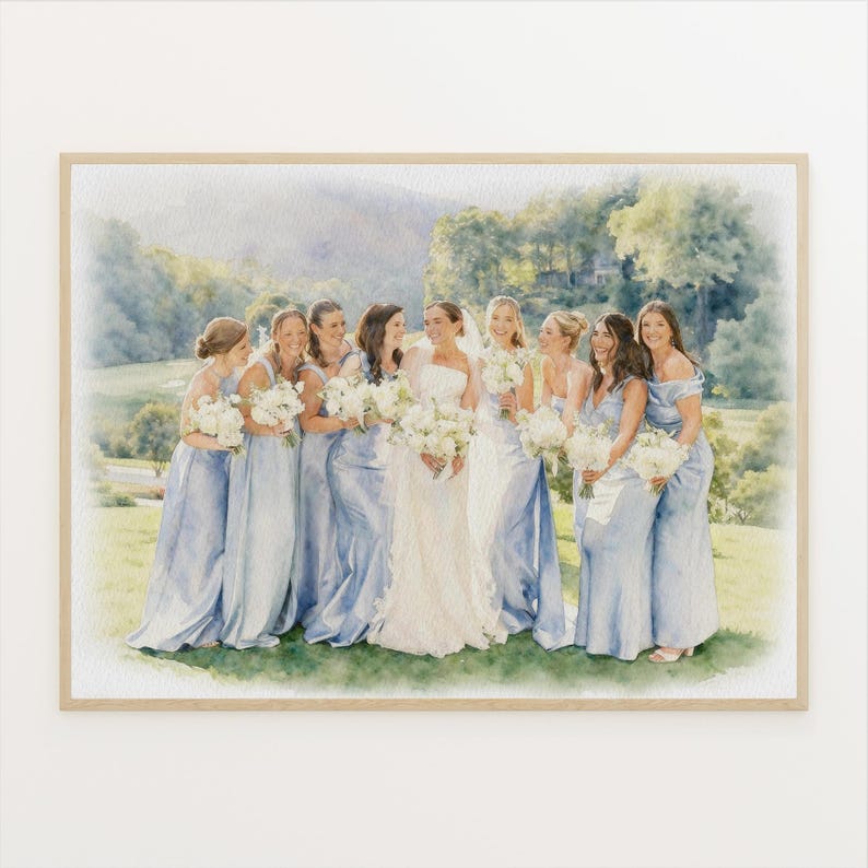 May include: Watercolor painting of a bride and bridesmaids in light blue dresses, holding white bouquets. The bride wears a white gown. The group stands on a grassy hill with a scenic background of trees and mountains.