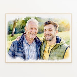 May include: Watercolor portrait of two smiling men, one older and one younger, with their arms around each other. The older man wears a blue jacket over a plaid shirt. The younger man wears a yellow shirt and a green vest. The background is a watercolor landscape.