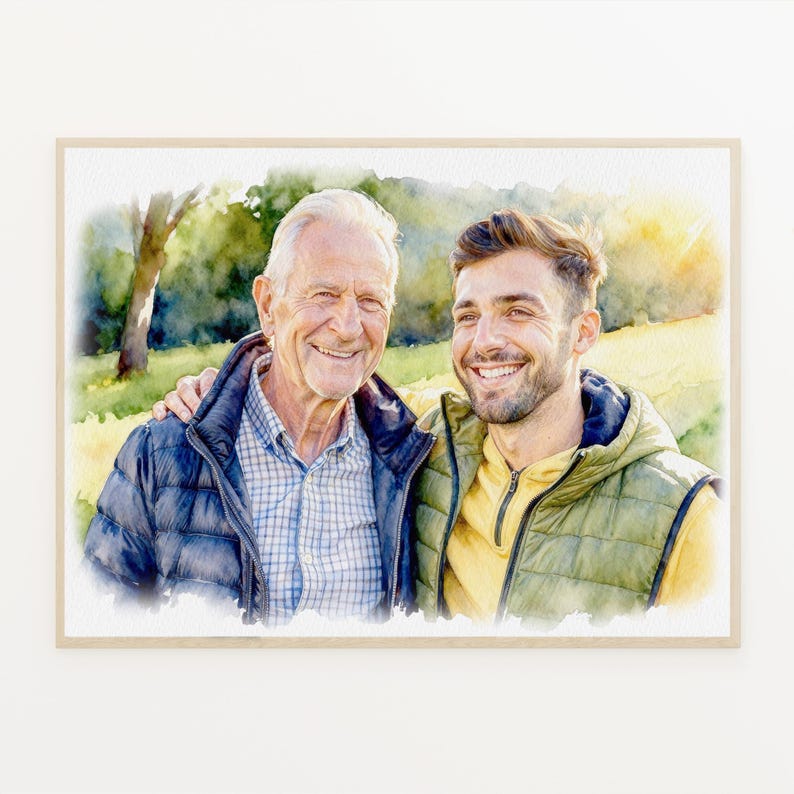 May include: Watercolor portrait of two smiling men, one older and one younger, with their arms around each other. The older man wears a blue jacket over a plaid shirt. The younger man wears a yellow shirt and a green vest. The background is a watercolor landscape.