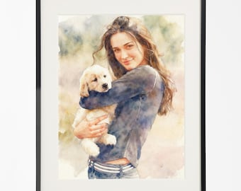 Custom Watercolor Portrait From Photo, Couple Proposal gift, Portrait With Pet, Engagement Gift, Gift for Couples, Gift for Boyfriend