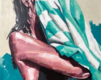 Swimmer with Towel Giclée Art Print – Coastal Summer Wall Decor