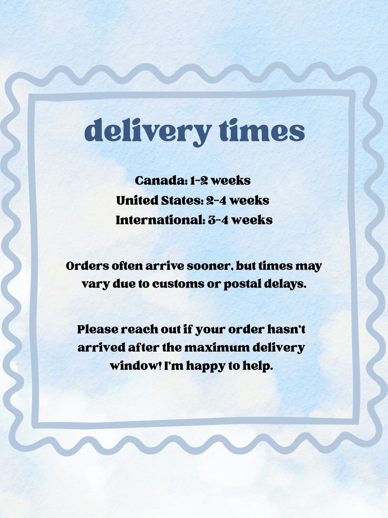 Puede incluir: Gr&aacute;fico azul claro y blanco con el texto "tiempos de entrega". El texto enumera los tiempos de entrega estimados para Canad&aacute;, Estados Unidos y pedidos internacionales. El gr&aacute;fico est&aacute; enmarcado.