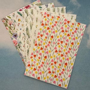 Könnte beinhalten: Eine Sammlung von Papierbögen mit floralen Mustern. Die Bögen weisen verschiedene Designs auf, darunter bunte Blumen, Blätter und botanische Arrangements. Die Farbpalette umfasst Rosa, Gelb, Rot und Grün auf weißem Hintergrund.