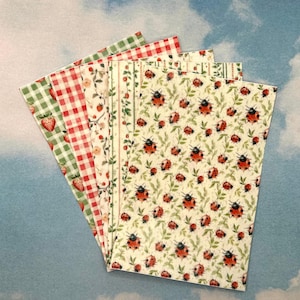 Könnte beinhalten: Ein Fächer aus gemusterten Papierbögen. Designs umfassen Erdbeeren auf grünem Vichy, rotem Vichy, Blumenmustern und Marienkäfern. Das Marienkäfermuster zeigt rote Marienkäfer mit schwarzen Punkten auf cremefarbenem Hintergrund mit grünen Blättern.