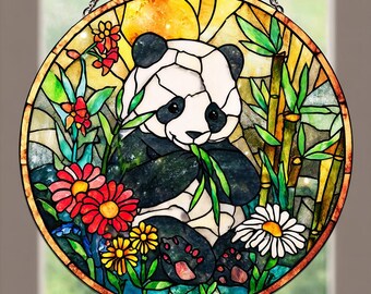 パンダファミリーのステンドグラスパネル - 鮮やかな花と竹の野生動物