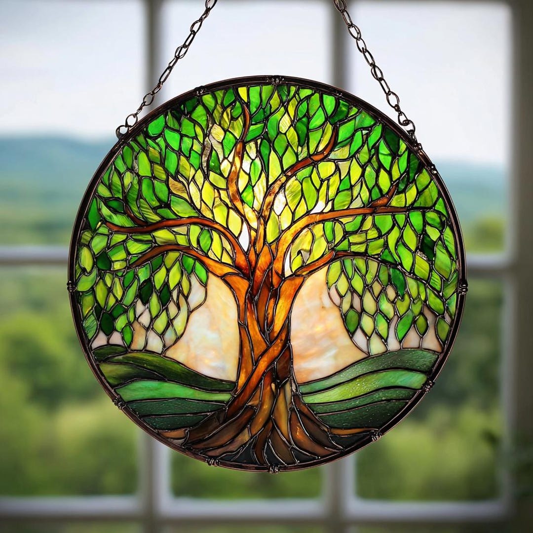 Stained Glass Tree of Life Decoration Window Hanging Round Suncatcher ...