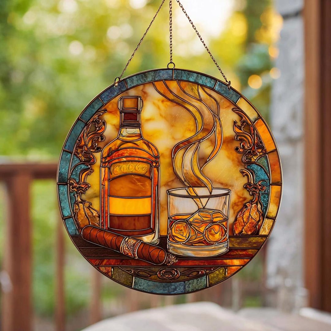 Whiskey & Cigar Stained Glass Window Suncatcher Unique Gentleman Glass ...
