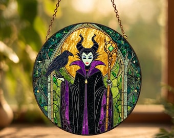 Acchiappasole in vetro colorato raffigurante Malefica, acchiappasole raffigurante la Bella Addormentata, acchiappasole Disney, per amanti del cinema, regalo magico