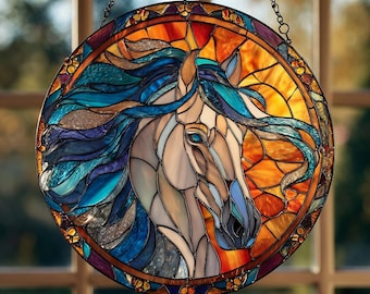 ステンドグラスの白い馬のサンキャッチャー：手作りの馬窓用吊り下げ物