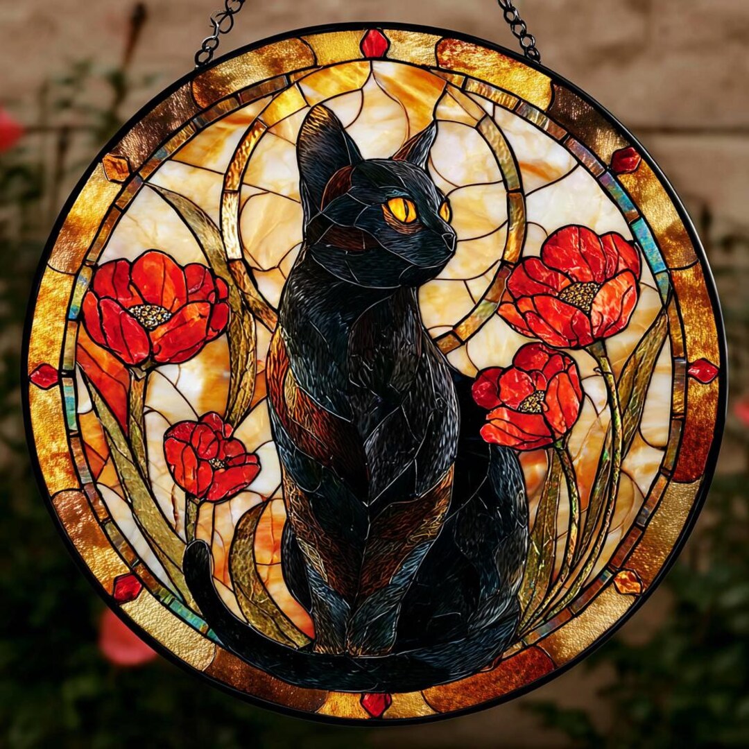 Black Cat Stained Glass Suncatcher With Red Flowers Perfect Gift for ...