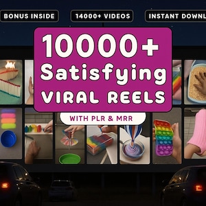 Puede incluir: Imagen que promociona "10000+ Satisfying Viral Reels" con varios ejemplos visuales. La imagen incluye texto que dice "Bonus Inside", "14000+ Videos" e "Instant Download". El fondo muestra una escena nocturna con coches.