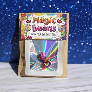 May include: A brown paper bag with a clear window displaying colorful, swirled candies. The bag features a colorful label with the text "Magic Beans" and "Grow Your Own Sweet Treat!" on a blue background with white sparkles.