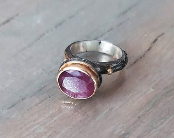 Silver gold Ruby Ring, Rustic handmade ruby ring, Contemporary jewelry, organic ring, oxidized artisan ring, ruby jewelry, pink ruby ring