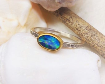 Minimalist Oval Opal Ring bezel setting 22K solid gold and Sterling SIlver band, Holiday Gift for women, opal jewelry, hand crafted ring