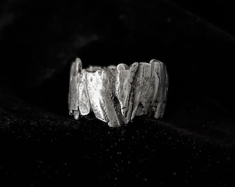 Unusual silver textured ring, raw oxidized band, rustic uneven wedding set, Modern statement contemporary art jewelry, fused trunk ring