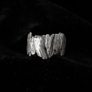 Unusual silver textured ring, raw oxidized band, rustic uneven wedding set, Modern statement contemporary art jewelry, fused trunk ring