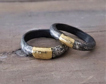 Gold Silver wedding band, oxidized wedding rings set, organic silver band, rustic gold strip band, artisn modern jewelry, handmade ring