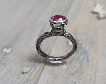 Raw silver Ruby Ring, handmade ruby ring, Contemporary jewelry, organic ring, oxidized rustic artisan ring, ruby jewelry, pink ruby ring