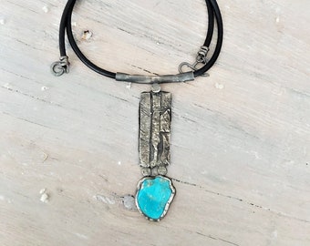 Turquoise silver Necklace, Artisan handmade pendant on a black leather cord, contemporary jewelry, necklace for women, raw oxidized pendant