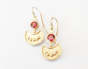 Garnet earrings, Tribal earrings, crescent moon earrings, raw gold earrings, unique earrings, one of a kind jewelry, Garnet gold earrings