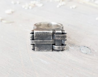 Geometric ring for men, big ring, mesh ring, Oxidized Silver jewelry, jewelry art ring, modernist jewelry, rectangle ring, bold jewelry