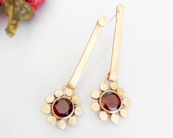 Long Garnet gold earrings which were hand crafted to organic floral design earrings, red garnet jewelry, artisan earrings, gift for her