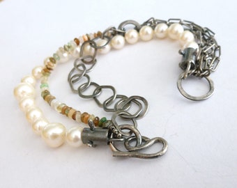 Layering bracelet, Pearl beads bracelet, Oxidized silver bracelet, Handmade chain bracelet, Opal white pearl bracelet, trendy jewelry,